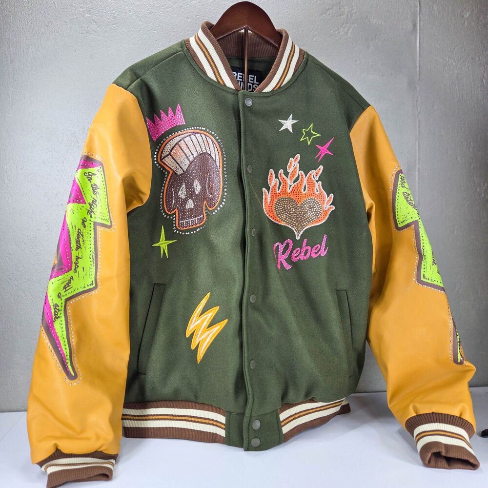 Rebel Minds Stone Varsity Quilted Lined Snap Button Bomber Jacket Olive Sz L